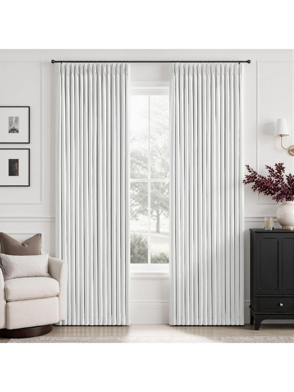Elegant Snow White 100% Blackout Linen Curtains, 84" Length, Pinch Pleated